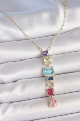 Gold Karışık Renk Zirkon Taşlı Y Pirinç Kolye