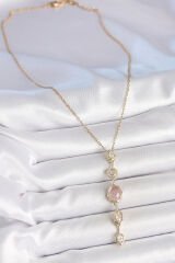 316L Çelik Zincir Gold Renk Pembe Zirkon Taşlı Y Kolye