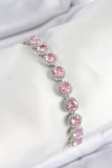 Pirinç Pembe Zirkon Taşlı Daire Baget Model Gümüş Renk VIP Seri Kadın Bileklik