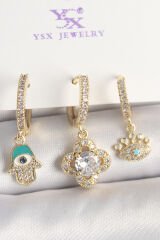 Pirinç Gold Renk Zirkon Taşlı Fatma Ana El Yonca Figür Göz Detay 3'Lü Kadın Kombin Küpe