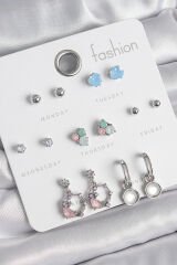 Pirinç Gümüş Renk Zirkon Taşlı Sallantı Halka Model Çiçek Detay 7 Çift Kadın Küpe Seti