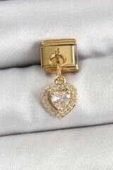 316L Çelik Sallantılı Zirkon Taşlı Kalp Model Gold Renk Nomination Charm