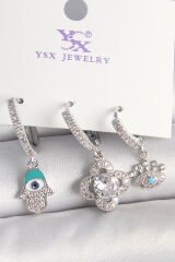 Pirinç Gümüş Renk Zirkon Taşlı Fatma Ana Yonca Figür Göz Detay 3'Lü Kadın Kombin Küpe