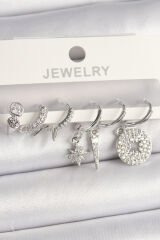 Pirinç Gümüş Renk Zirkon Taşlı Çoklu Figür Kadın Küpe Seti