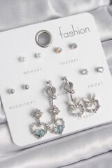 Pirinç Gümüş Renk Sallantı Zirkon Taşlı Kalp Model Düğüm Detay 7 Çift Kadın Küpe Seti