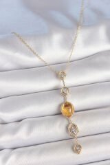 Pirinç Zincir Kehribar Sarı Gold Renk  Zirkon Taşlı Y Kolye