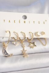 Pirinç Gold Renk Zirkon Taşlı Yıldız Model Hilal Detay 6'Lı Kadın Kombin Küpe