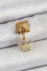 316L Çelik Sallantılı Zirkon Taşlı Kraliçe Tacı Model Gold Renk Nomination Charm