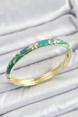 Mineli Pirinç Yeşil Çiçek Motifli Kadın Kelepçe