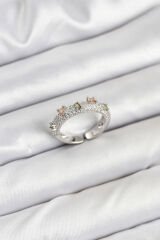 Pirinç Gümüş Renk Zirkon Taşlı Vintage Kadın Yüzük