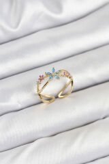 Pirinç Gold Renk Zirkon Taşlı Mavi Çiçekli Kadın Yüzük