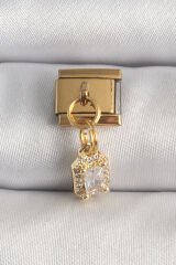 316L Çelik Gold Renk Sallantı Zirkon Taşlı Kare Model Nomination Charm