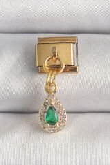 316L Çelik Gold Renk Sallantı Damla Yeşil Zirkon Taşlı Nomination Charm