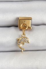 316L Çelik Sallantılı Zirkon Taşlı Yunus Balığı Model Gold Renk Nomination Charm