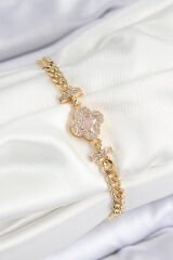 Pirinç Zirkon Taşlı Yonca Model Gold Renk Kadın Bileklik