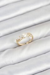 Pirinç Gold Renk Zirkon Taşlı İncili Model Kadın Yüzük