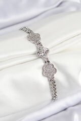 Pirinç Zirkon Taşlı Yonca Model Gümüş Renk Kadın Bileklik