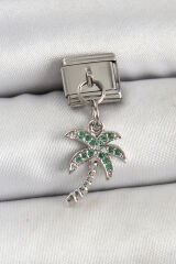 316L Çelik Sallantılı Zirkon Taşlı Palmiye Ağacı Model Gümüş Renk Nomination Charm