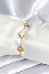 316L Çelik Zincir Zirkon Taşlı Yonca Beyaz Kadın Bileklik