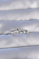 Pirinç Gümüş Renk Zirkon Taşlı Kalpli 2li Görünüm Ayarlanabilir Yüzük