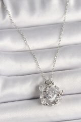 316L Çelik Gümüş Renk Zincir Zirkon Taşlı Kalp Figür Gül Detay Kadın Kolye