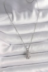 316L Çelik Gümüş Renk Zincir Zirkon Taşlı Ayıcık Figür Kadın Kolye