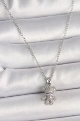 316L Çelik Gümüş Renk Zincir Zirkon Taşlı Ayıcık Figür Kadın Kolye