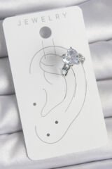 Pirinç Gümüş Renk Zirkon Taşlı Kalp Model Kadın Kıkırdak Küpe