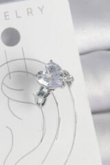 Pirinç Gümüş Renk Zirkon Taşlı Kalp Model Kadın Kıkırdak Küpe