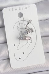 Pirinç Gümüş Renk Zirkon Taşlı 3'Lü Model Yaprak Figür Kadın Kıkırdak Küpe