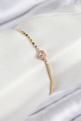 Pirinç Zirkon Taşlı Kalp Model Ezme Zincir Gold Renk Kadın Bileklik