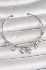 Pirinç Gümüş Renk Sallantı Pembe Zirkon Taşlı Kalp Model Charm Kadın Bileklik