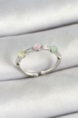 Pirinç Sıralı Boncuk Figürlü Zirkon Taşlı Gümüş Renk Ayarlanabilir Kadın Yüzük