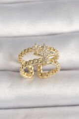 Pirinç Gold Renk 2'Li Zincir Zirkon Taşlı Yıldız Figür Kadın Yüzük