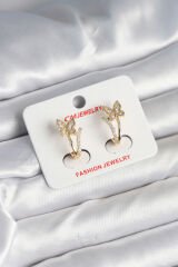Pirinç Gold Renk Zirkon Taşlı Kelebek Model Kadın Küpe