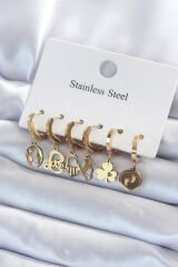 316L Çelik Gold Renk Çoklu Figür Model Kadın Küpe Seti