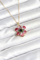 316L Çelik Zincirli Pembe Çiçek Model Kadın Kolye