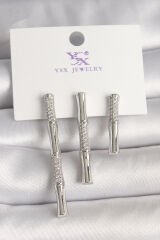 Pirinç Gümüş Renk Zirkon Taşlı Bambu Model 3'Lü Kadın Kombin Küpe