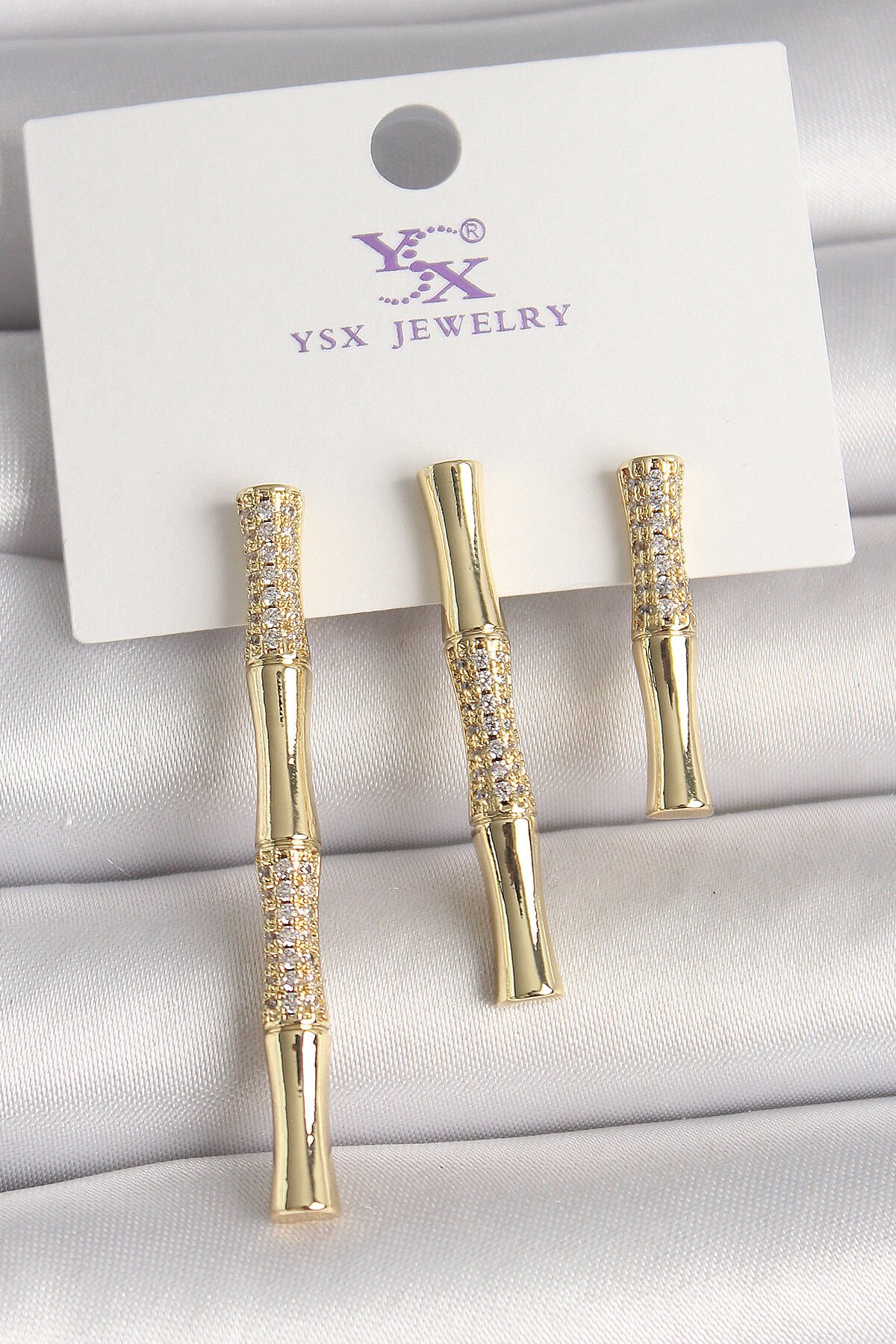 Pirinç Gold Renk Zirkon Taşlı Bambu Model 3'Lü Kadın Kombin Küpe