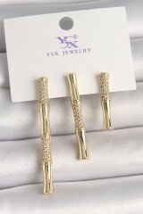 Pirinç Gold Renk Zirkon Taşlı Bambu Model 3'Lü Kadın Kombin Küpe