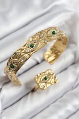 Pirinç Zirkon Taşlı Göz Model Gold Renk Bileklik Yüzük Set