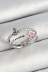 Pirinç Kalp Ve Çiçek Figürlü Zirkon Taşlı Gümüş Renk Ayarlanabilir Kadın Yüzük