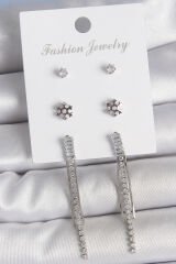 Pirinç Gold Renk Zirkon Taşlı Sallantılı Çiçek Detay 3 Çfit Kadın Küpe Seti