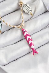 Seramik Motifli Pembe Balık Figürlü Model Krem İp Kadın Kolye