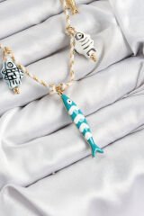 Seramik Motifli Balık Figürlü Model Krem İp Kadın Kolye