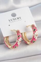 Pirinç Gold Renk Halka Model Pembe Çiçek İşlemeli Kadın Küpe