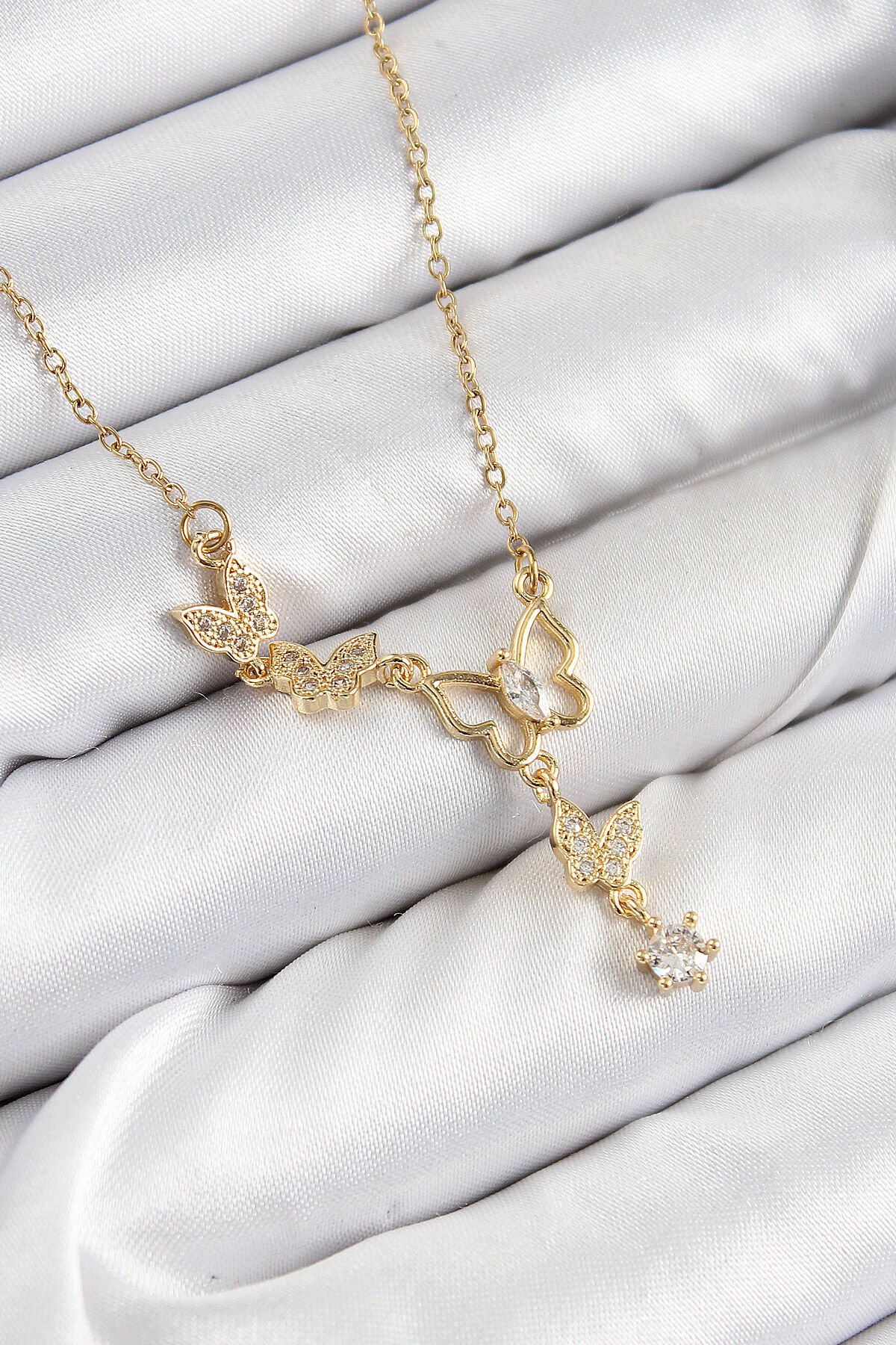 316L Çelik Zirkon Taşlı Kelebek Model Gold Renk Kadın Kolye