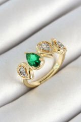 Pirinç Sıralı Damla Figürlü Zirkon Taşlı Gold Renk Ayarlanabilir Kadın Yüzük