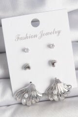 Pirinç Gümüş Renk Zirkon Taş Detaylı İnci Detaylı Deniz Kabuğu Model 3 Çift Kadın Küpe