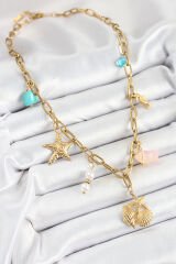 316L Çelik Gold Renk Deniz Yıldızı ve Deniz Kabuğu Konsept Kadın Kolye